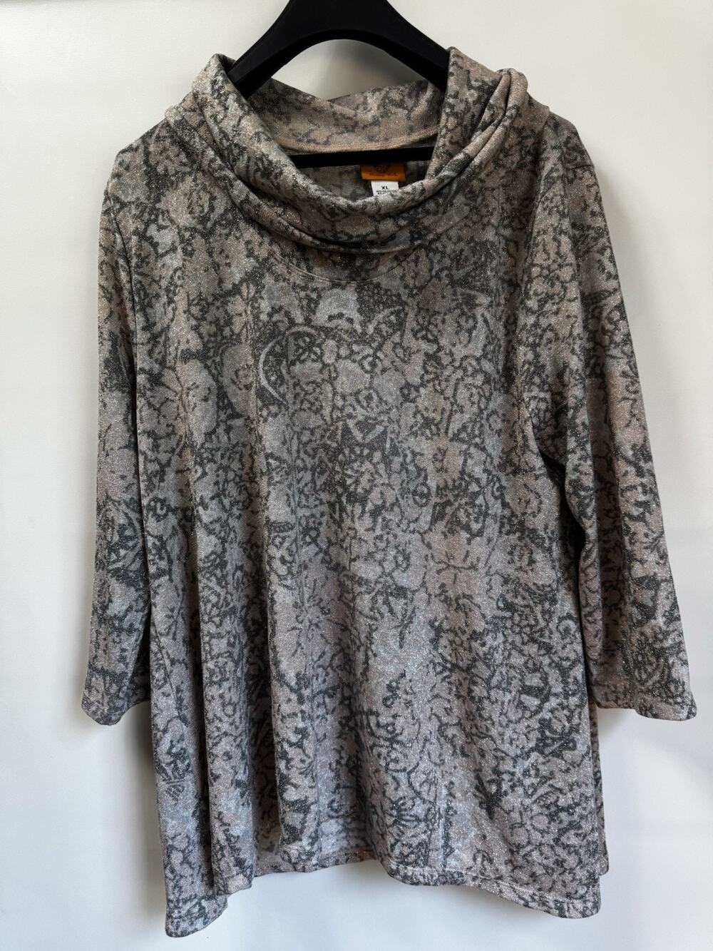 Ruby Rd Women’s XL Metallic Abstract Print Cowl Neck 3/4 Sleeve Tunic Top